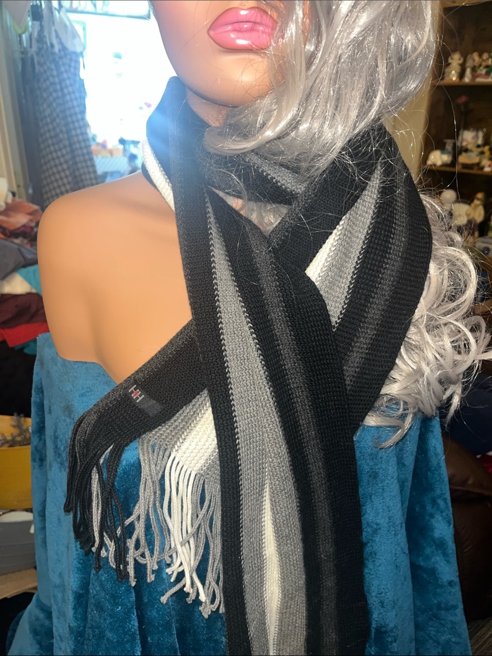Classic Striped Knit Scarf with Fringe in Black, Gray & White S014